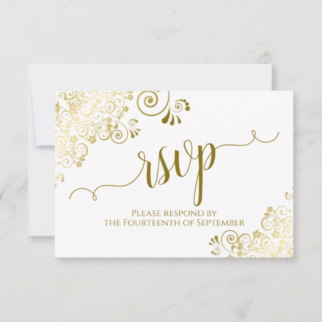 White with Gold Lace Elegant Calligraphy Wedding RSVP Card (Front)