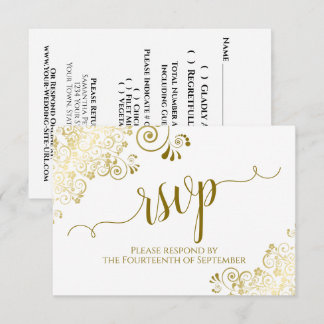 White with Gold Lace Elegant Calligraphy Wedding RSVP Card