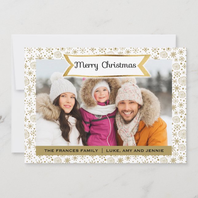 White with Gold Snowflakes Photo Christmas Card (Front)