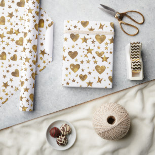 White With Gold Sparkle Hearts Wrapping Paper