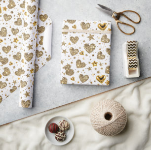 White With Gold Sparkle Hearts Wrapping Paper