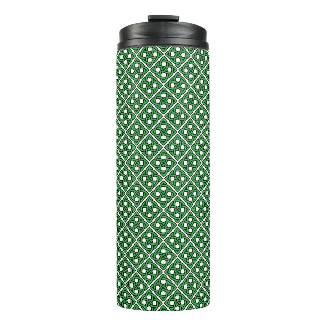 WHITE WITH GREEN IRISH CELTIC KNOT PATTERNS THERMAL TUMBLER (Front)