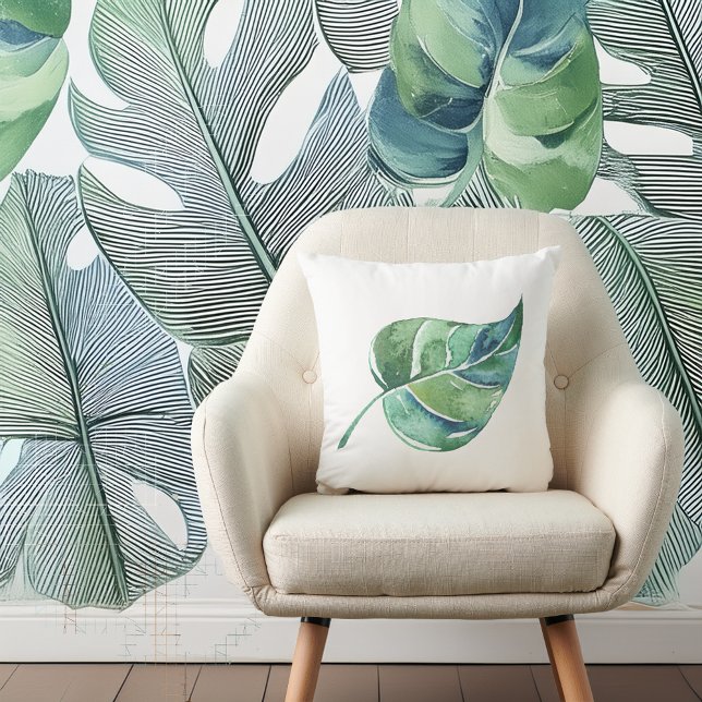 White with Green Leaf Design Throw Pillow (STYLISH BOTANICAL PRINT!)