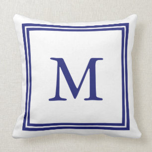 White with Nautical Blue Double Frame Monogram Cushion