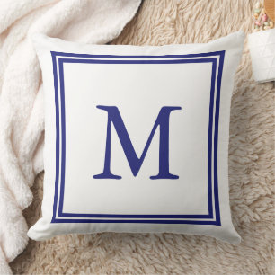 White with Nautical Blue Double Frame Monogram Cushion