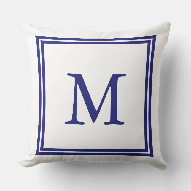 White with Nautical Blue Double Frame Monogram Cushion (Front)