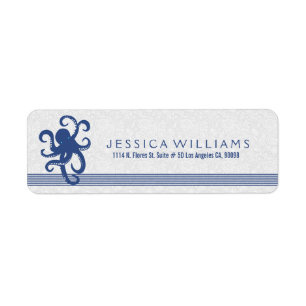 White With Navy Blue Cute Octopus Return Address Label