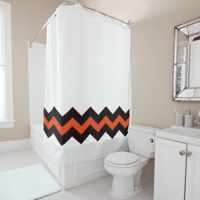 White with Orange and Black Accent Shower Curtain (In Situ)
