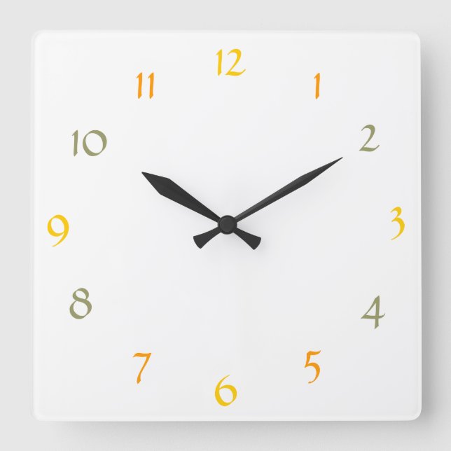 White with Orange-Gold-Khaki Numbers Square Wall Clock (Front)