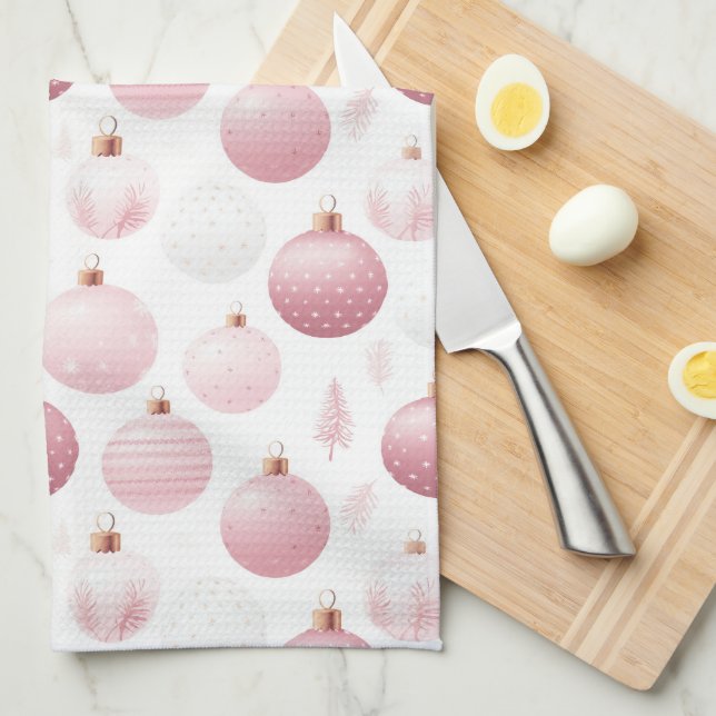 WHITE WITH PASTEL PINK & WHITE ORNAMENTS TEA TOWEL (Quarter Fold)