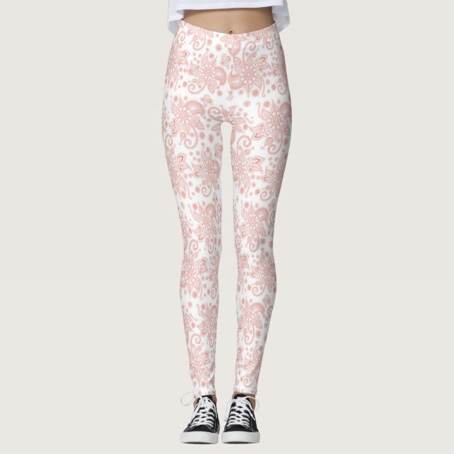 White with Pink Floral Lace Pattern Leggings (Front)