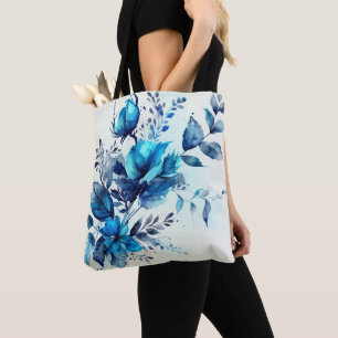 WHITE WITH PRETTY WATERCOLOR BLUE FLOWERS TOTE BAG