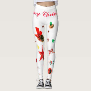 White with red and green Christmas ornaments Leggi Leggings