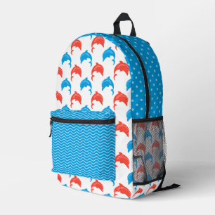 WHITE WITH RED & BLUE ROWS OF DOLPHINS PRINTED BACKPACK