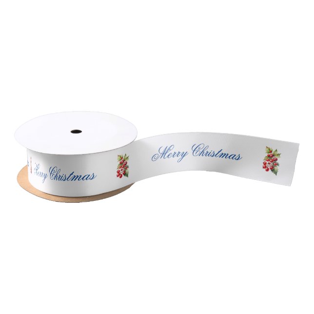 White with Red Holly Berries Gift Wrapping Satin Ribbon (Spool)