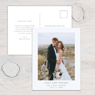 White with Sage Text and Photo Wedding Thank You Postcard