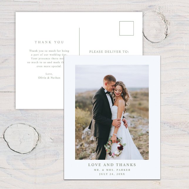 White with Sage Text and Photo | Wedding Thank You Postcard (Creator Uploaded)