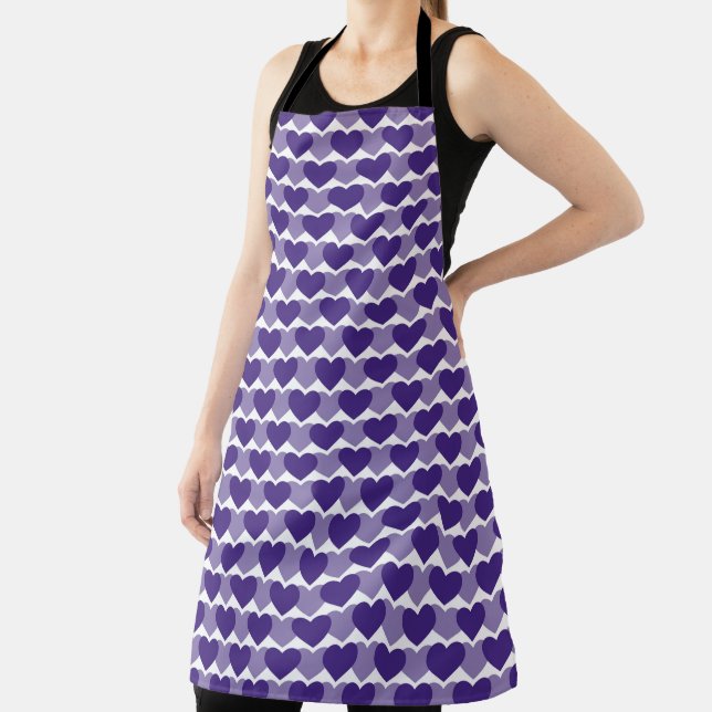 WHITE WITH SHADES OF PURPLE ROWS OF HEARTS APRON (Insitu)
