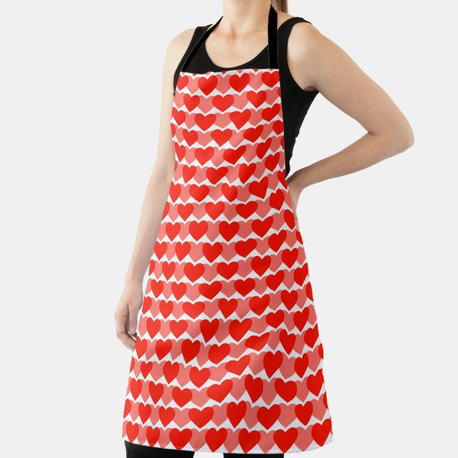 WHITE WITH SHADES OF RED ROWS OF HEARTS APRON (Insitu)