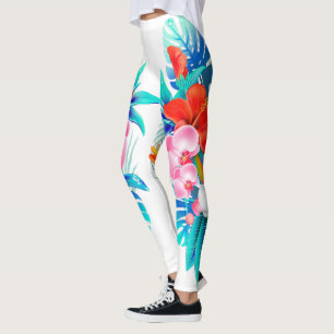 White with Tropical Flowers Leggings