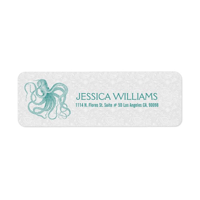 White With Turquoise Cute Octopus Label Return Address Label (Front)