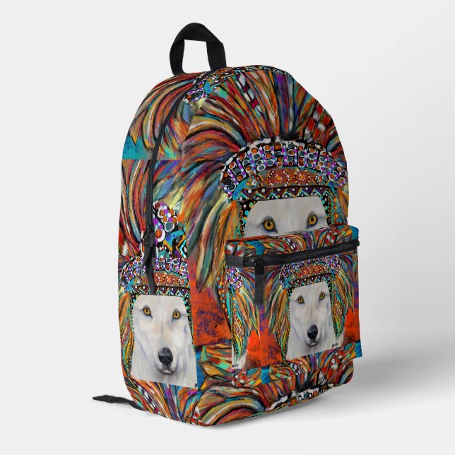 White Wolf Art Printed Backpack (Back Corner Left)