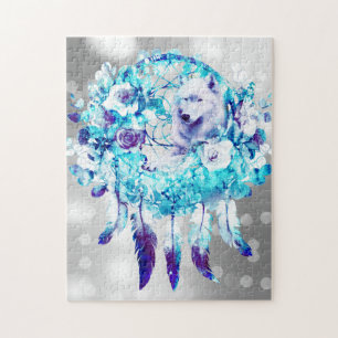 White Wolf Dreamcatcher Purple Blue Floral Jigsaw Puzzle