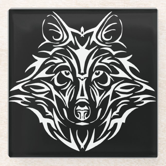 White Wolf Head on Black  Glass Coaster (Front)