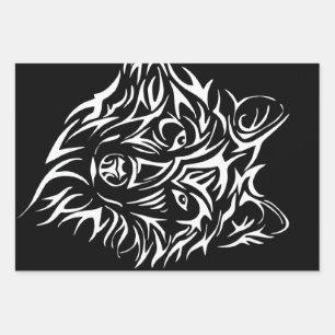 White Wolf Head on Black  Wrapping Paper Sheet