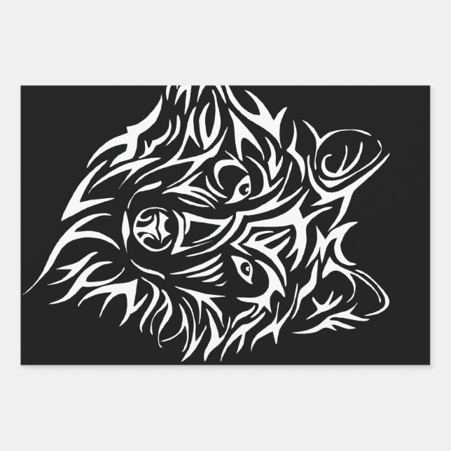 White Wolf Head on Black  Wrapping Paper Sheet (Front)