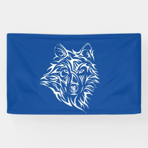 White Wolf Head on Blue Banner
