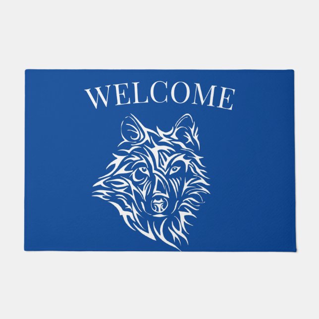 White Wolf Head on Blue Doormat (Front)