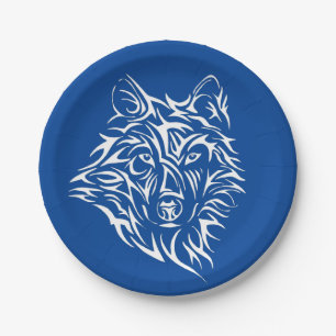 White Wolf Head on Blue Paper Plate