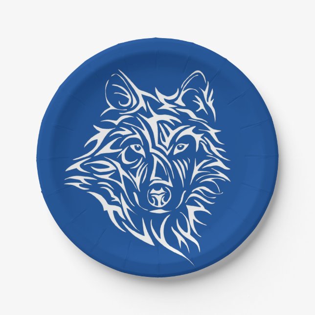 White Wolf Head on Blue  Paper Plate (Front)