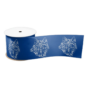 White Wolf Head on Blue  Satin Ribbon