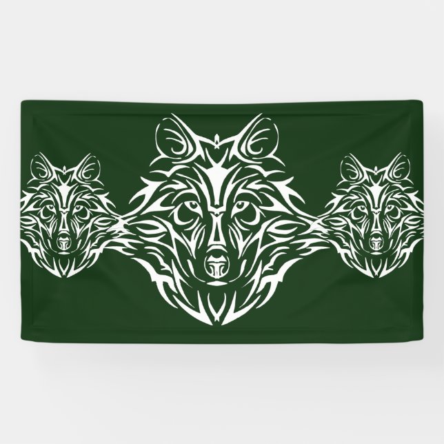 White Wolf Head on Green Banner (Horizontal)