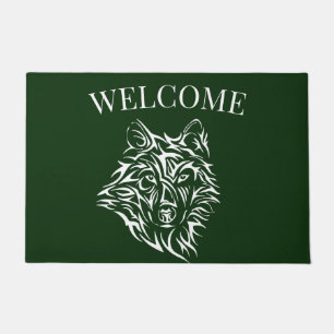 White Wolf Head on Green Doormat