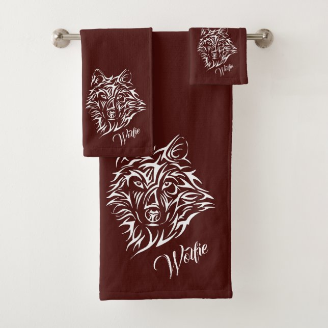 White Wolf Head on Red Personal Bath Towel Set (Insitu)