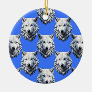 White Wolf Head Pattern Design Blue Ceramic Ornament