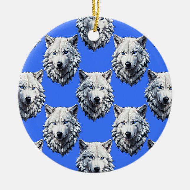 White Wolf Head Pattern Design Blue  Ceramic Ornament (Front)