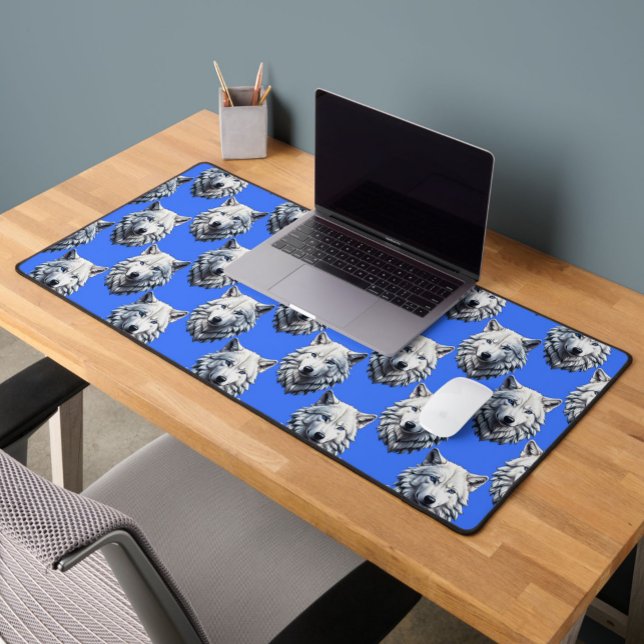 White Wolf Head Pattern Design Blue  Desk Mat (Creator Uploaded)