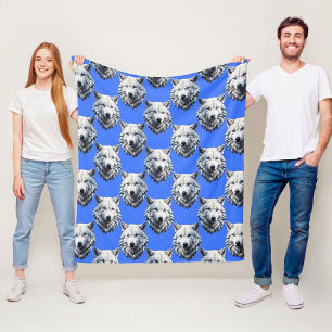 White Wolf Head Pattern Design Blue Fleece Blanket
