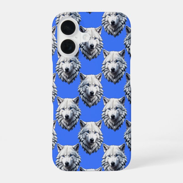 White Wolf Head Pattern Design Blue  iPhone 16 Case (Back)