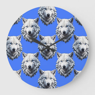 White Wolf Head Pattern Design Blue Large Clock