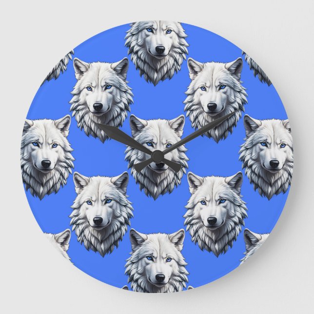White Wolf Head Pattern Design Blue  Large Clock (Front)
