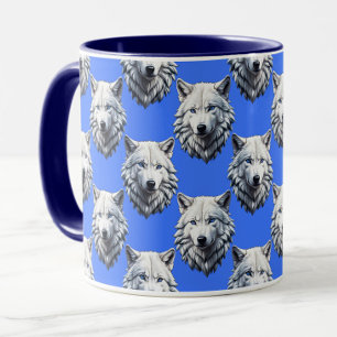 White Wolf Head Pattern Design Blue  Mug