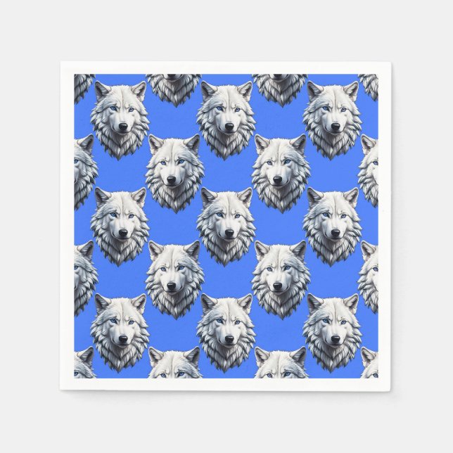 White Wolf Head Pattern Design Blue  Napkin (Front)