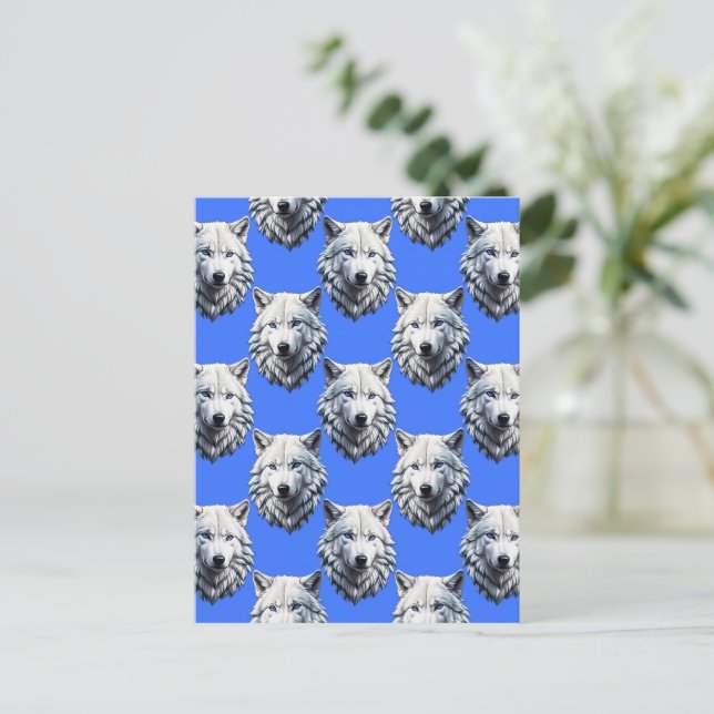 White Wolf Head Pattern Design Blue  Postcard (Standing Front)