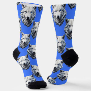 White Wolf Head Pattern Design Blue Socks