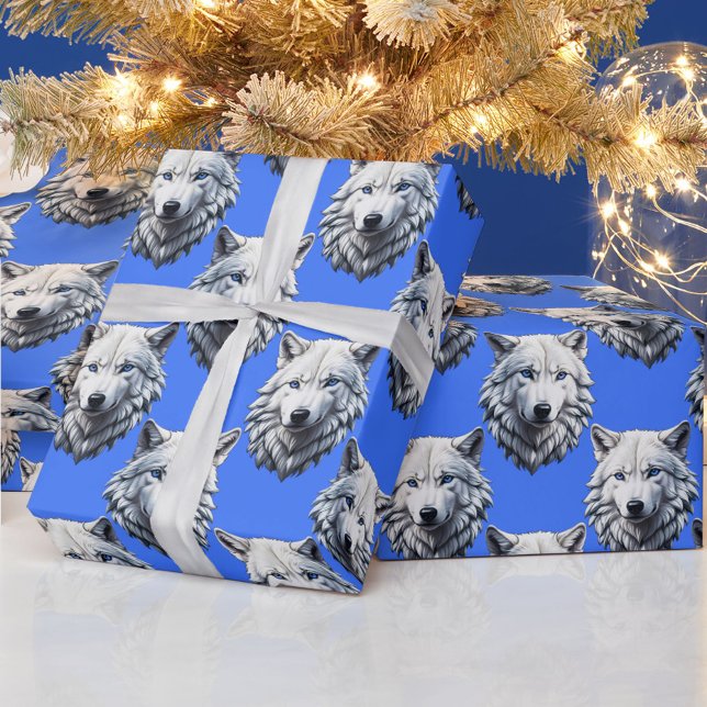 White Wolf Head Pattern Design Blue  Wrapping Paper (Creator Uploaded)